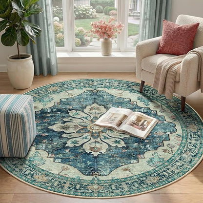 RELEANY Area Rugs Round 4ft Washable Non-Slip, Floral Vintage Distress Print Pattern Medallion Carpet for Living Room Bedroom Dining Room, Dark Blue Vintage