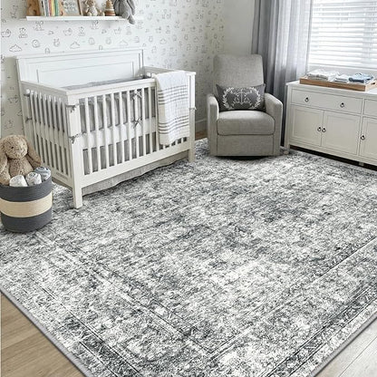 CAPALOCA Machine Washable Rugs Nursery Rug Sq8ft Cute Girl Non Slip Low Pile Water Repellent Soft Print Pattern for Bedroom Indoor Decor Kids Playroom Grey