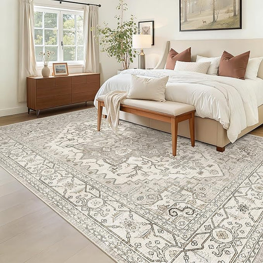 Madane 5x7 Area Rugs for Living Room, Stain Resistant Washable Rug, Non-Slip Backing Area Rug, Vintage Home Decor Rug for Bedroom (Beige/Brown, 5'x7')
