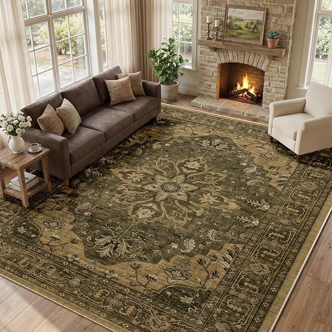 RELEANY Area Rugs 10'x12' Washable Non-Slip, Floral Vintage Distress Print Pattern Medallion Carpet for Living Room Bedroom Dining Room, Brown Dark Brown