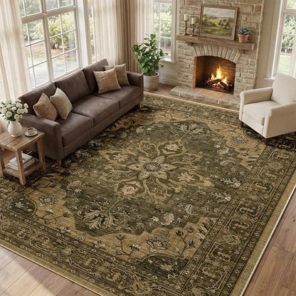 RELEANY Area Rugs 10'x12' Washable Non-Slip, Floral Vintage Distress Print Pattern Medallion Carpet for Living Room Bedroom Dining Room, Brown Dark Brown