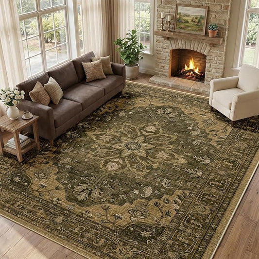 RELEANY Area Rugs 9'x12' Washable Non-Slip, Floral Vintage Distress Print Pattern Medallion Carpet for Living Room Bedroom Dining Room, Brown Dark Brown
