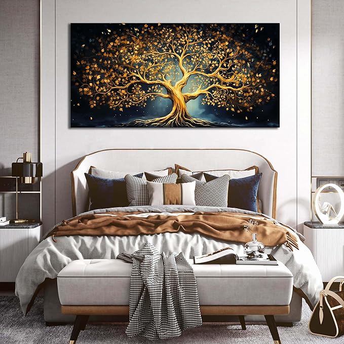 Ouzzlie Black Art for Office Decor Tree Wall Decor Living Room Modern Large Gold Canvas Wall Art for Bedroom 29" x 59"