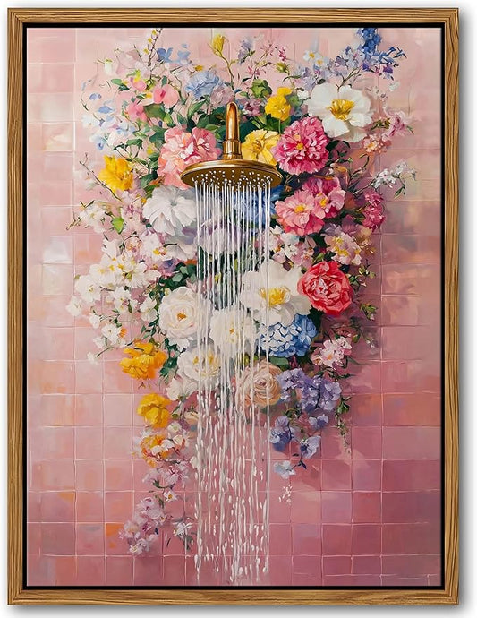 Floating Framed Floral Shower Wall Art, Pink Bathroom Flower Canvas Print, Romantic Blooming Roses Waterfall Painting, Cottagecore Botanical Wall Decor for Bathroom Bedroom Living Room 12x16 Inch