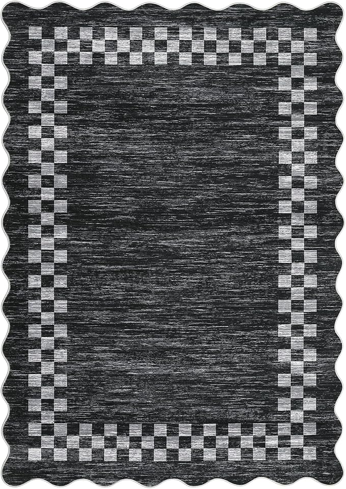 Small Area Rug 2x3 Modern Checkered Entry Rug Solid Color Scalloped Kitchen Rugs Washable Bedroom Doormat Non Slip Stain Resistant Bordered Throw Carpet for Living Room Nursery Laundry, Grey