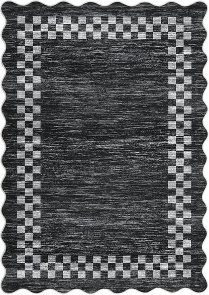Small Area Rug 2x3 Modern Checkered Entry Rug Solid Color Scalloped Kitchen Rugs Washable Bedroom Doormat Non Slip Stain Resistant Bordered Throw Carpet for Living Room Nursery Laundry, Grey