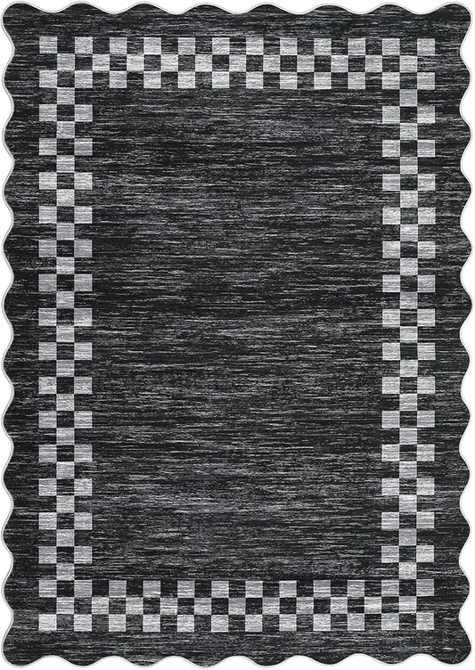 Small Area Rug 2x3 Modern Checkered Entry Rug Solid Color Scalloped Kitchen Rugs Washable Bedroom Doormat Non Slip Stain Resistant Bordered Throw Carpet for Living Room Nursery Laundry, Grey