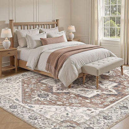 Area Rug 8x10 for Living Room - Washable Oriental Vintage Floral Distressed Large Indoor Carpets with Non Slip Back for Bedroom Dining Room Nursery Office Home Decor -Terracotta/Brown
