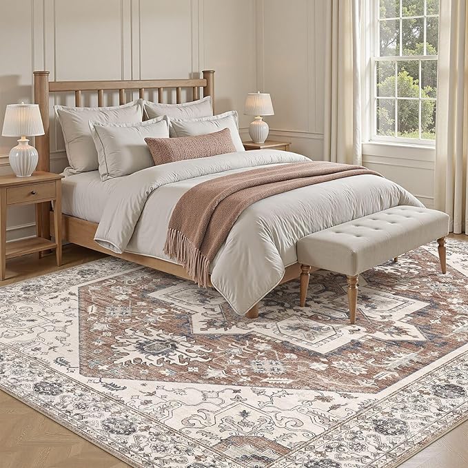 Area Rug 6x9 for Living Room - Washable Oriental Vintage Floral Distressed Large Indoor Carpets with Non Slip Back for Bedroom Dining Room Nursery Office Home Decor -Terracotta/Brown