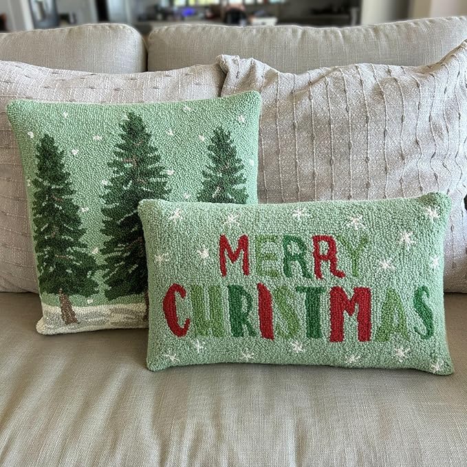 Hand Hooked Christmas Pillow - 12X20 inches Throw Pillow for Couch or Dorm (Merry Christmas)