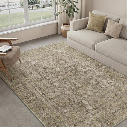 PureCozy Brown Area Rug 6x9 Machine Washable Vintage Living Room Distressed Non Slip Carpet Traditional Indoor Bedroom Retro Floral Accent Throw Large Rug for Office Kitchen Dining Room