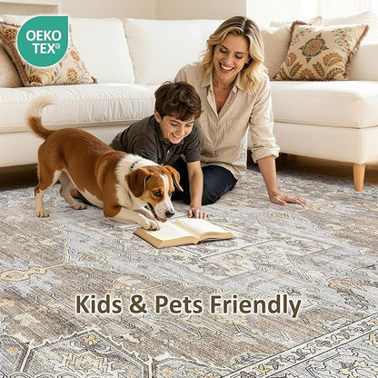10x12 Washable Area Rugs for Living Room: Non Slip Vintage Brown Gray Rug, Large Soft Stain Resistant Indoor Floor Carpets for Bedroom Dining Room Nursery Home Office Kid & Pet Friendly
