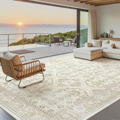 Soalmost 7x10 Area Rug for Living Room Washable Abstract Vintage Soft Thin Indoor Floor Non-Slip Carpet for Bedroom Dining Room Beige/Brown