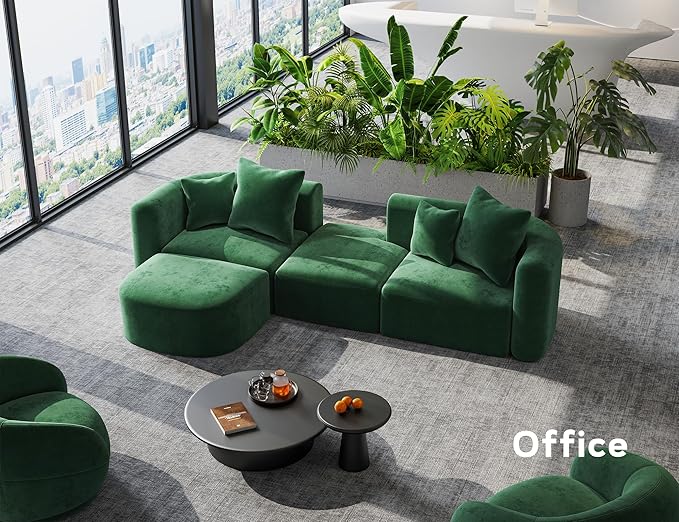 116" Modular Sectional Couches with Ottoman, Luxury Modern Curved Back Sofa, Minimalist Style Oversized 4 Seat Deep Comfy Convertible L Shape Boneless Couch for Living Room Office Apartment, Green