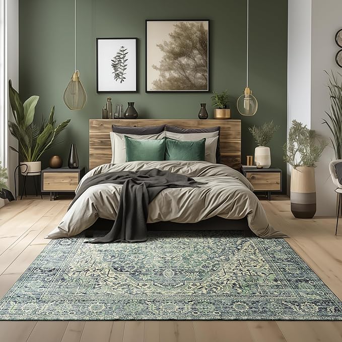 Boho Washable Rug for Living Room 6x9 Dark Academia Emerald Green Rug Oriental Carpet Forest Hunter Green Floor Covering