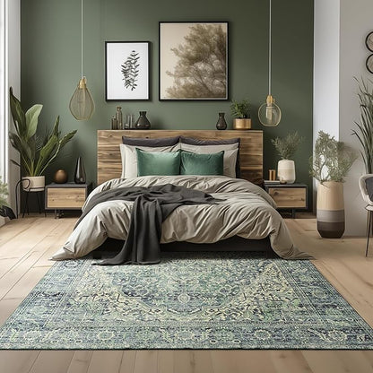 BILEEHOME Green Area Rug 5x7 Machine Washable Rug for Bedroom Living Room Boho Vintage Oriental Farmhouse Floral Carpet, Dark Green