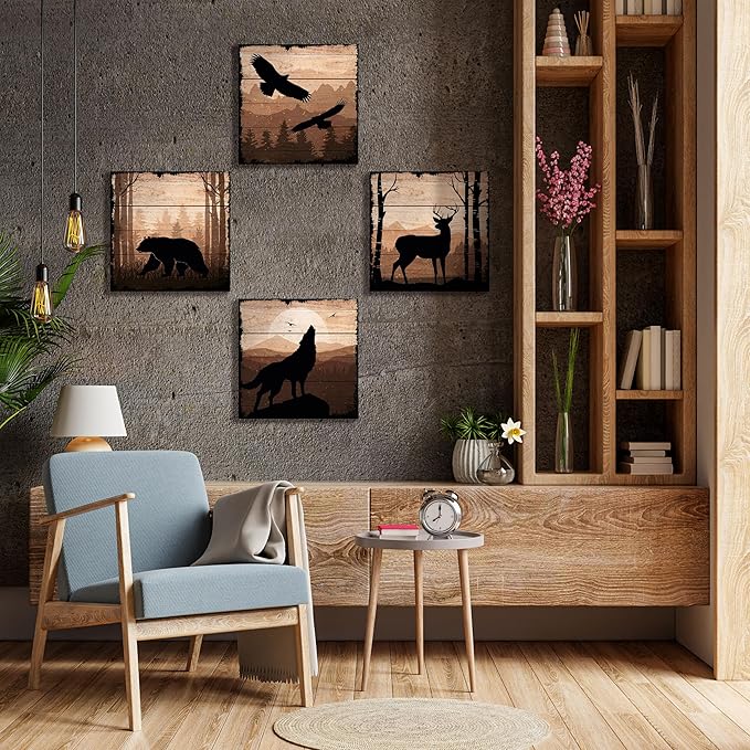 DIMARONGTON Wild Animal Canvas Wall Art Set of 4, 12x12 Inch Nature Canvas Art, Rustic Cabin Decor, Wildlife Prints Deer, Bear, Wolf Animal Wall Decor