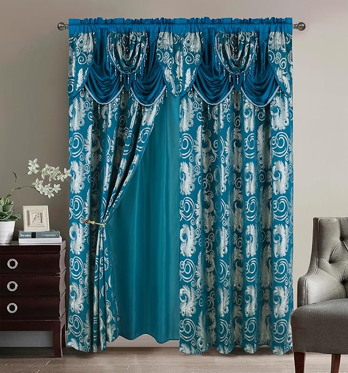 GLORY RUGS Jacquard Luxury Window 2 Panel Set Turquoise Curtain with Attached Valance and Backing Bedroom Living Room Dining 2 Curtains 55x84 inches Each Jana