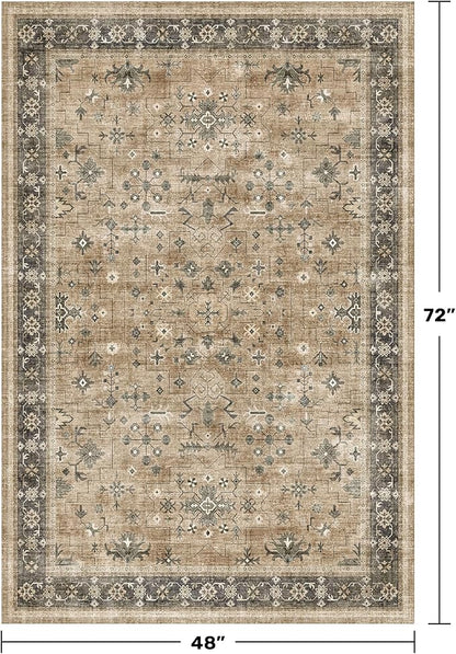 Boho Earth Tone 4x6 Large Entryway Rug - Distressed Natural Taupe Washable Mudroom Area Rug, Modern Vintage Kitchen Floor Carpet, Low Pile Non-Slip Carpet for Door Mat Indoor Entrance