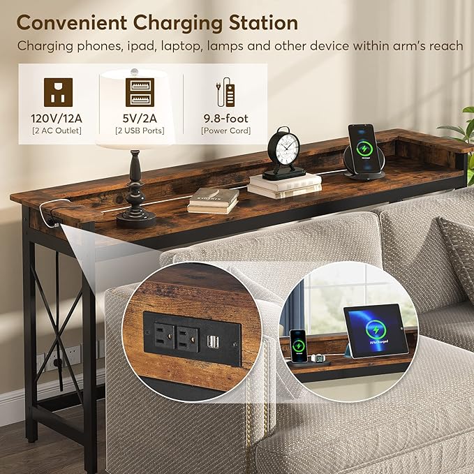 LITTLE TREE 70.9 inch Long Sofa Console Table with Outlets Charging Station Narrow Entryway Hallway Accent Furniture