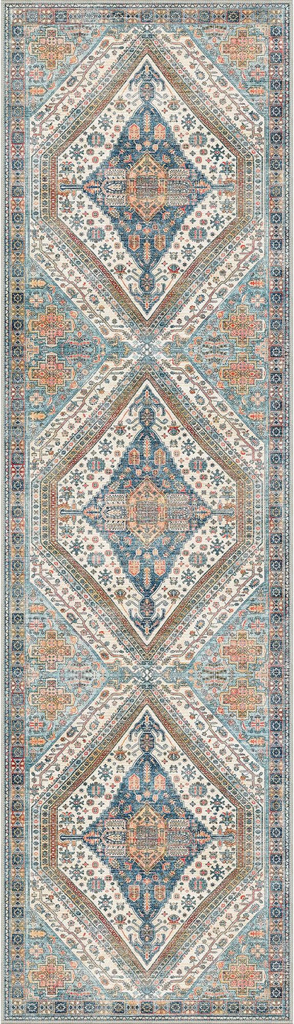 Bavni Kitchen Rug 2x5 Runner Rugs for Hallways Entryway, Washable Vintage Print Carpet, Ultra-Thin Chenille Low Pile Lightweight Rug with Non Slip Backing, Blue/Orange