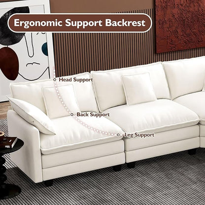 Ihanherry 114" V-Shaped Modern Sofa Modular Sectional Cloud Couch with Corner Section, 5-Seat Chenille Deep Seat Sofa with 5 Pillows for Living Room, Bedroom and Apartment, Beige