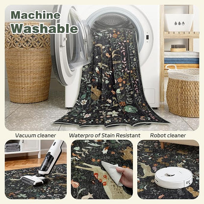 5x7 Area Rugs Washable Rug: Lagre Boho Living Room Rug Soft Non-Slip Thin Carpet Indoor Floor Non-Shedding Neutral Floral Carpets for Bedroom Dining Room Farmhouse Nursery Black