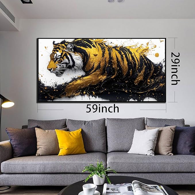 Tiger Art Wall Decor for Living Room - Modern Black and Gold Wall Decor for Bedroom - Large Framed Wall Art for Office Size 29" x 59"