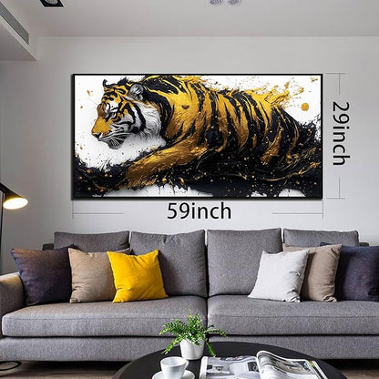 Tiger Art Wall Decor for Living Room - Modern Black and Gold Wall Decor for Bedroom - Large Framed Wall Art for Office Size 29" x 59"