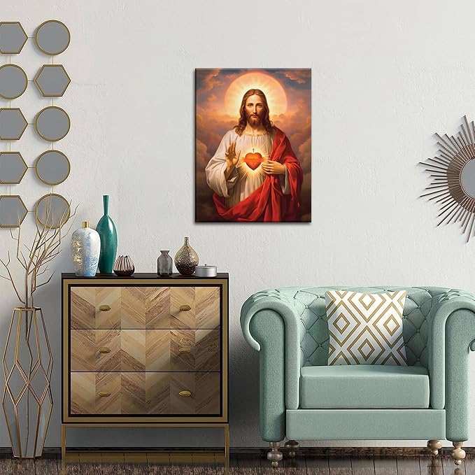 Jesus Sacred Heart Christian Wall Art, Divine Mercy Canvas Paintings Prints Posters Wall Decor, Christ Jesus Portrait Home Decor for Living Room Dining Room Prayer Room Decor 12x16 in Framed