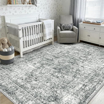 CAPALOCA Machine Washable Rugs Nursery Rug 5x8 Cute Girl Non Slip Low Pile Water Repellent Soft Print Pattern for Bedroom Indoor Decor Kids Playroom Grey