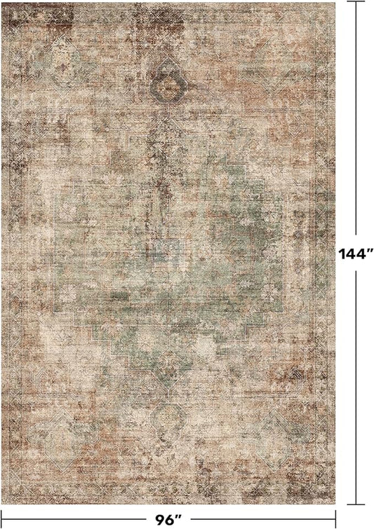 Hazo Haus Vintage Large Distressed Medallion Area Rug for Living Room – 8x12 Green Brown Washable Rug for Bedroom & Dining Room Under Table, Ultra-Thin Soft Non-Slip Lightweight Printed Design