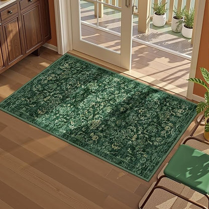 Dark Green 2x4 Runner Rug for Hallways Bed Side Kitchen, Boho Washable Distressed Low-Pile Floor Entryway Long Bathroom Mat, Non-Slip Laundry Room Washstand Front Carpet Green 24x48 Inch