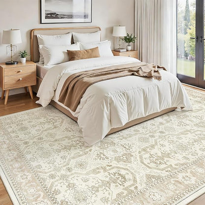 Soalmost 7x10 Area Rug for Living Room Washable Abstract Vintage Soft Thin Indoor Floor Non-Slip Carpet for Bedroom Dining Room Beige/Brown