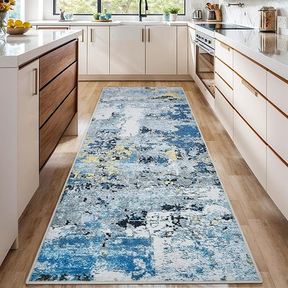 2x6 Runner Rugs for Hallways Kitchen Runner - Washable Runner Rug with Non Slip Rubber Backing, Soft Abstract Carpet Long Hallway Runners for Bedroom, Bathroom, Enterway(Blue)