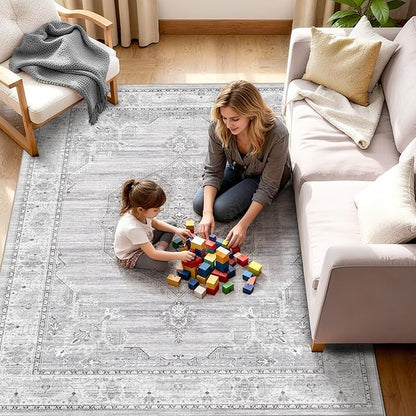 Washable Area Rugs 5x6 Entryway: Soft Ultra Thin Low Pile Mat Machine Washable Indoor Doormat Lightweight Entry Rug Anti Slip Backing Rugs for Living Room Bedroom Kitchen 5'x6' Light Grey