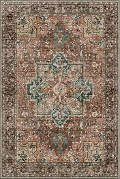 GENIMO 8x10 Area Rugs for Living Room, Machine Washable Non Slip Vintage Rugs, Low Pile Lightweight Chenille Print Rug for Bedroom, Dining Room, Home Office, Rosewood