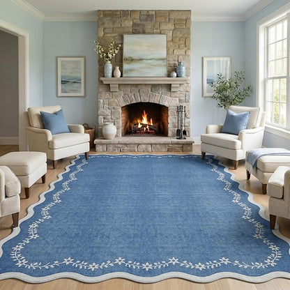 GarveeHome Scalloped Area Rugs 8x10 for Living Room, Solid Blue Large Washable Rug Soft Non Slip Backing Floor Mat Carpet Indoor Thin Rug for Bedroom Dining Room Playroom Nursery Home Decor