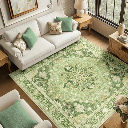 RELEANY Area Rugs Square 6ft Washable Non-Slip, Floral Vintage Distress Print Pattern Medallion Carpet for Living Room Bedroom Dining Room, Sage Green Yellow
