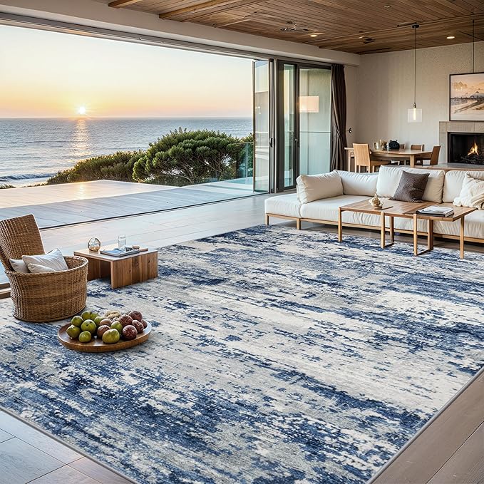 Area Rugs 10x14 Living Room - Washable Rug Modern Abstract Soft Large Neutral Non-Slip Carpet Indoor Floor Thin Carpets for Bedroom Dining Room Farmhouse Nursery Home Office Blue Gray