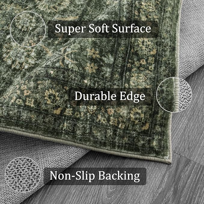 Morebes Washable Dark Green Runner Rug 2.5x8, Vintage Boho Runners for Hallways Non Slip, Soft Floral Indoor Floor Throw Carpet for Kitchen Laundry Room Bedroom Bathroom Living Entryway