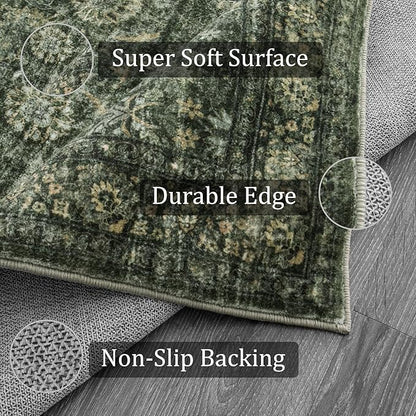 Morebes Washable Dark Green Runner Rug 2.5x8, Vintage Boho Runners for Hallways Non Slip, Soft Floral Indoor Floor Throw Carpet for Kitchen Laundry Room Bedroom Bathroom Living Entryway