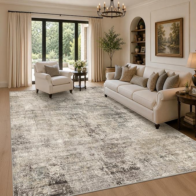 Washable Area Rug 7x10 for Living Room - Ultra-Soft Vintage Distressed Farmhouse Rug, Neutral Taupe Brown Foldable Large Carpet with Non-Slip Backing for Bedroom & Cozy Rustic Decor