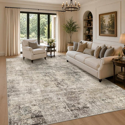 Washable Area Rug 7x10 for Living Room - Ultra-Soft Vintage Distressed Farmhouse Rug, Neutral Taupe Brown Foldable Large Carpet with Non-Slip Backing for Bedroom & Cozy Rustic Decor