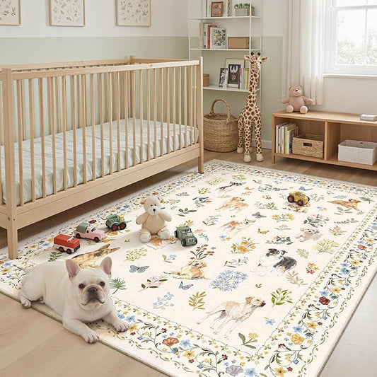 Soalmost Dog 5x7 Area Rugs for Living Room, Machine Washable Animal Floral Vintage Rug Non-Slip Low Pile Soft Throw Rugs for Kitchen Dining Room Bedroom Nursery Playroom (5 x 7,Beige)