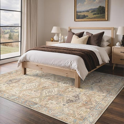 Bavni 8x10 Area Rug Washable Rug for Living Room Bedroom, Vintage Print Carpet, Low Pile Lightweight Mat with Non Slip Backing, Pale Warm Yellow