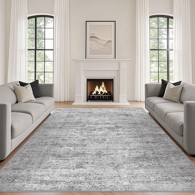 Grey Rug 7x9 Area Rug: Washable Boho Large Vintage Neutral Soft Rugs Stain Resistant Farmhouse Non-Slip Indoor Floor Carpet for Living Room Bedroom Playroom Office Dining Room Apartment Dorm