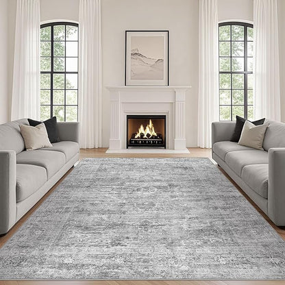 Grey Rug 7x9 Area Rug: Washable Boho Large Vintage Neutral Soft Rugs Stain Resistant Farmhouse Non-Slip Indoor Floor Carpet for Living Room Bedroom Playroom Office Dining Room Apartment Dorm