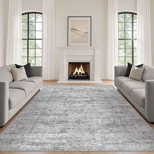 Grey Rug 7x9 Area Rug: Washable Boho Large Vintage Neutral Soft Rugs Stain Resistant Farmhouse Non-Slip Indoor Floor Carpet for Living Room Bedroom Playroom Office Dining Room Apartment Dorm