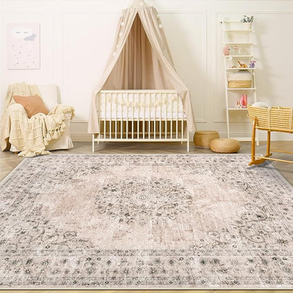 Area Rug 4x6 Vintage Rug: Washable Indoor Medallion Rugs Low Pile Distressed Floor Carpet Retro Accent Rug for Living Room Bedroom Kitchen Dining Table Home Office(Distressed Brown, 4'x6')